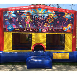 This bounce house is 15'x15' and has basketball hoop inside.